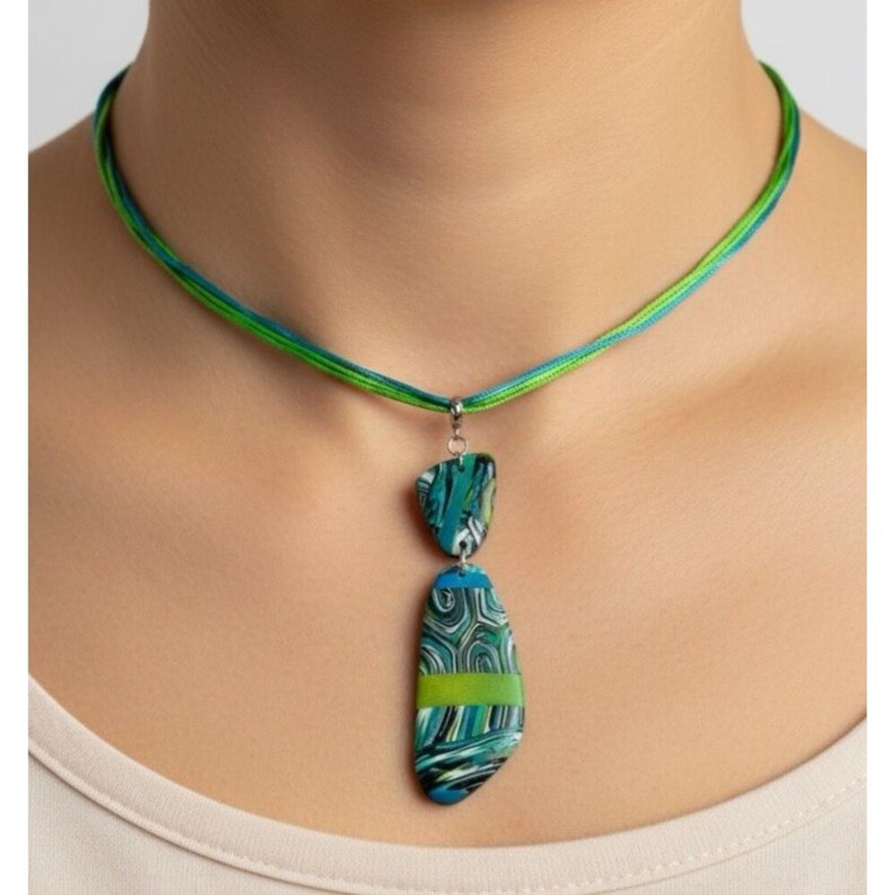 Handmade Bright Blue & Green Large Polymer Clay Pendant Necklace 18" Satin Cord